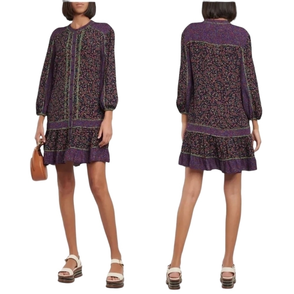 Veronica Beard Xanita Mini Dress 4 Purple Floral Button Front Button Boho‎